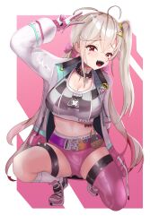 Rule 34 | 1girl, absurdres, ahoge, asymmetrical hair, belt, black collar, black sports bra, blush, bow, breasts, checkered clothes, cleavage, collar, debusou, eyelashes, eyeshadow, facial tattoo, gloves, goddess of victory: nikke, gradient hair, grey hair, grin, hair between eyes, hair bow, hair ornament, hairclip, heart, heart tattoo, highres, holographic clothing, iridescent, jackal (nikke), jacket, large breasts, long hair, looking at viewer, low twintails, makeup, multicolored clothes, multicolored gloves, multicolored hair, navel, off shoulder, open clothes, open jacket, outstretched hand, photo (object), pink bow, pink eyes, pink eyeshadow, pink gloves, pink hair, side ponytail, sidelocks, simple background, smile, solo, spiked collar, spikes, sports bra, stomach tattoo, tattoo, teeth, twintails, two-sided fabric, two-sided jacket, two-tone hair, underwear, upper body, white background, white jacket