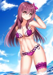 Rule 34 | 1girl, bikini, blush, breasts, cleavage, fate/grand order, fate (series), flower, hair flower, hair ornament, highres, katou shinobu, long hair, looking at viewer, medium breasts, ocean, one-piece swimsuit, pink bikini, purple hair, red eyes, scathach (fate), scathach (fate/grand order), scathach (swimsuit assassin) (fate), smile, solo, standing, swimsuit