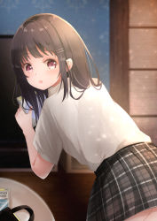 Rule 34 | 1girl, absurdres, blurry, blurry background, blush, cd case, grey skirt, hair ornament, hairclip, highres, leaning forward, looking back, open mouth, original, pink eyes, plaid, plaid skirt, school uniform, shirt, short sleeves, skirt, solo, standing, tomura2maru, white shirt