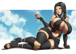 Rule 34 | 1girl, bare shoulders, black hair, black thighhighs, border, braid, breasts, cleavage, commission, covered erect nipples, cup, curvy, drinking glass, fingerless gloves, gloves, gradient hair, high heels, highres, huge breasts, long hair, looking at viewer, multicolored hair, nail polish, navel, original, packge, scarf, silver hair, sitting, smile, solo, swimsuit, thighhighs, thighs, wide hips, wine glass, yellow eyes