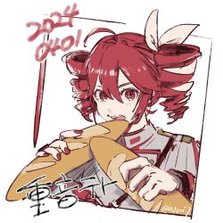 Rule 34 | 1girl, ahoge, baguette, bread, character name, commentary, dated, drill hair, food, hair between eyes, hair ribbon, highres, holding, holding food, kasane teto, kasane teto (sv), looking at viewer, non7, open mouth, red eyes, red hair, red nails, ribbon, smile, solo, symbol-only commentary, translated, twin drills, twitter username, utau, vocaloid, white ribbon