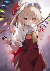 Rule 34 | 1girl, absurdres, ascot, blonde hair, cowboy shot, crystal wings, dress, flandre scarlet, frills, hat, hat ribbon, highres, looking at viewer, medium hair, mob cap, puffy short sleeves, puffy sleeves, red dress, red eyes, red nails, red ribbon, ribbon, short sleeves, side ponytail, smile, solo, tetsurou (fe+), touhou, yellow ascot
