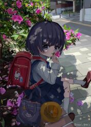 Rule 34 | 1girl, backpack, bag, bandaid, bandaid on leg, black hair, bob cut, child, commentary request, flower, flower on mouth, flower request, grey eyes, hair ornament, hairpin, hat, highres, looking at viewer, mary janes, muika zukin, on bench, original, overalls, pavement, pink flower, pleated skirt, randoseru, road, school hat, shoes, short hair, shoulder bag, signature, sitting, skirt, solo, street, tree