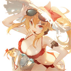 Rule 34 | 1girl, armband, basket, bikini, blonde hair, blue eyes, bow, breasts, can, canned food, cat, cleavage, d:, emurina, eyewear on head, frilled bikini, frills, girls&#039; frontline, hair bow, hair ornament, hairclip, hat, headset, highres, kalina (girls&#039; frontline), kalinya, large breasts, open mouth, ponytail, simple background, straw hat, sunglasses, swimsuit