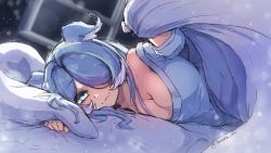 Rule 34 | 1girl, :3, animal ears, aqua eyes, bed, bed invitation, blue hair, breasts, cleavage, commentary, dragon girl, elira pendora, english commentary, hair over one eye, head wings, highres, large breasts, lifting covers, light smile, long hair, looking at viewer, lying, nijisanji, nijisanji en, no bra, on side, parted bangs, pillow, solo, taroko3, twitter username, under covers, virtual youtuber, wings