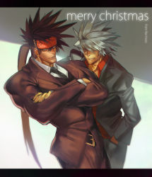 Rule 34 | 2boys, arc system works, artist name, blazblue, brown hair, company connection, crossed arms, crossover, formal, gairen, guilty gear, guilty gear xrd, hand in pocket, male focus, manly, merry christmas, multiple boys, muscular, ponytail, ragna the bloodedge, red eyes, silver hair, sol badguy, spiked hair, suit