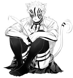 Rule 34 | 1boy, akaza (kimetsu no yaiba), animal ears, between legs, blush, cat boy, cat ears, cat tail, cattail, collarbone, collared shirt, colored sclera, contemporary, convenient leg, crossdressing, embarrassed, extra ears, eyelashes, facial mark, facial tattoo, full-body tattoo, full body, greyscale, highres, holding, kimetsu no yaiba, knees up, lins sana, looking at viewer, male focus, monochrome, no shoes, plant, school uniform, shirt, short hair, simple background, sitting, skirt, sleeves rolled up, solo, striped tail, tail, tattoo, text in eyes, toned, toned male, twitter username