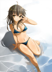 Rule 34 | 1girl, ahoge, arm support, bikini, breasts, brown eyes, brown hair, cleavage, lens flare, long hair, navel, o-ring, o-ring top, original, partially submerged, pondel, shadow, sideboob, smile, soaking feet, solo, swimsuit, underboob, v, v over eye, w, w over eye, water, yellow eyes