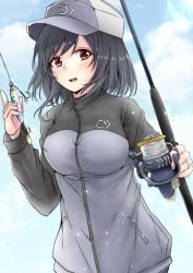 Rule 34 | 1girl, aga marino, alternate costume, bad id, bad twitter id, baseball cap, black hair, blue sky, cloud, commentary request, day, fishing hook, fishing line, fishing rod, hat, holding, holding fishing rod, jacket, jewelry, kantai collection, looking at viewer, multicolored clothes, multicolored jacket, red eyes, ring, short hair, sky, solo, two-tone jacket, upper body, wedding band, yamashiro (kancolle)