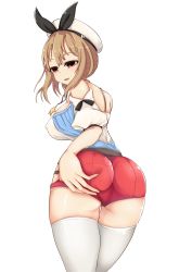 Rule 34 | 1girl, absurdres, artist request, ass, ass grab, atelier (series), atelier ryza, bare shoulders, blush, breasts, brown eyes, brown hair, deep skin, from behind, hair ornament, hairclip, hat, highres, large breasts, looking at viewer, looking back, looking down, open mouth, red shorts, reisalin stout, shiny clothes, shiny skin, short hair, short shorts, shorts, sideboob, smile, solo, thighhighs