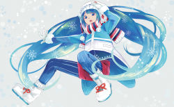 Rule 34 | 1girl, boots, gloves, green eyes, green hair, hatsune miku, long hair, matching hair/eyes, open mouth, pantyhose, scarf, short shorts, shorts, snowflakes, solo, striped clothes, striped pantyhose, striped scarf, very long hair, vocaloid, white footwear, white gloves, wibi, winter clothes, yuki miku, yuki miku (2016) (candidate no.1)