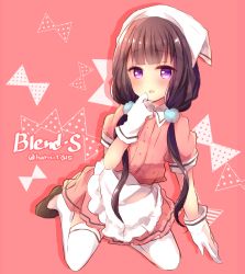 Rule 34 | 1girl, apron, blend s, blunt bangs, blush, brown footwear, commentary request, copyright name, frilled apron, frills, gloves, hair ornament, hair over shoulder, hand to own mouth, hand up, haru ichigo, head scarf, long hair, low twintails, parted lips, pink background, pink shirt, pink skirt, pleated skirt, polka dot, pom pom (clothes), puffy short sleeves, puffy sleeves, purple eyes, purple hair, sakuranomiya maika, shirt, shoes, short sleeves, skirt, solo, thighhighs, twintails, twitter username, uniform, very long hair, waist apron, waitress, white apron, white gloves, white thighhighs