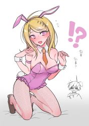 Rule 34 | !?, 1boy, 1girl, :d, akamatsu kaede, alternate costume, animal ears, bare shoulders, blush, breasts, cleavage, danganronpa (series), danganronpa v3: killing harmony, detached collar, detached sleeves, fake animal ears, fortissimo, hair ornament, high heels, highres, kneeling, large breasts, leotard, long hair, looking at viewer, musical note, musical note hair ornament, necktie, open mouth, orange necktie, pantyhose, playboy bunny, rabbit ears, saihara shuichi, shoes, short necktie, simple background, skindentation, smile, solo focus, white background, wrist cuffs, zang li