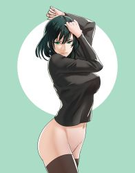 Rule 34 | 1girl, bottomless, breasts, fubuki (one-punch man), green eyes, green hair, highres, medium breasts, one-punch man, pomelomelon, short hair, solo, sweater