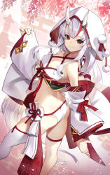 Rule 34 | 1girl, bikini, breasts, butt crack, commentary, detached sleeves, duplicate, hair between eyes, highres, hololive, horns, japanese clothes, kimono, looking at viewer, looking back, multicolored hair, nakiri ayame, red eyes, red hair, revision, scottie (phantom2), single thighhigh, skin-covered horns, small breasts, smile, solo, streaked hair, swimsuit, thigh strap, thighhighs, two-tone hair, uchikake, virtual youtuber, white bikini, white hair, white thighhighs