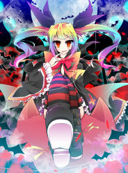 Rule 34 | 1girl, bat (animal), blazblue, bow, from below, full moon, gradient hair, hair ribbon, long hair, looking at viewer, looking down, moon, multicolored hair, nago, nanamomo rio, orange eyes, rachel alucard, red bow, ribbon, shoes, sitting, slit pupils, striped clothes, striped thighhighs, thighhighs, twintails