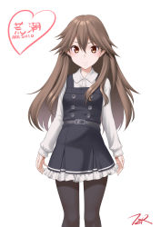 Rule 34 | 1girl, arashio (kancolle), arashio kai ni (kancolle), artist logo, artist name, black pantyhose, brown eyes, brown hair, buttons, character name, commentary request, cowboy shot, dress, flat chest, frilled dress, frills, highres, kantai collection, long hair, long sleeves, looking at viewer, pantyhose, pinafore dress, shirt, simple background, sleeveless, sleeveless dress, solo, t2r, white background, white shirt