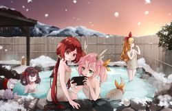 Rule 34 | 4girls, :d, absurdres, antlers, black hair, blonde hair, bow, brown eyes, closed eyes, commentary request, commission, fence, green eyes, hair bow, hair ribbon, handheld game console, highres, horns, long hair, multiple girls, naked towel, nanana (nanana iz), onsen, open mouth, original, pink hair, red bow, red hair, ribbon, skeb commission, smile, snow, snowing, steam, stuffed animal, stuffed rabbit, stuffed toy, tail, tail ornament, tail ribbon, towel, twintails, very long hair, wading, water, yellow ribbon