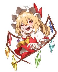 Rule 34 | 1girl, :d, ascot, blonde hair, blush, bow, ch00suke, collared shirt, commentary, cropped torso, crossed bangs, crystal, eyebrows hidden by hair, fangs, flandre scarlet, floating clothes, hair between eyes, hand on own cheek, hand on own face, hand up, hat, hat bow, highres, looking at viewer, medium hair, mob cap, open mouth, puffy short sleeves, puffy sleeves, red bow, red eyes, red vest, shirt, short sleeves, side ponytail, simple background, sleeve bow, slit pupils, smile, solo, teeth, tongue, touhou, tsurime, upper body, vest, white background, white hat, white shirt, wings, yellow ascot