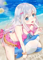 Rule 34 | 10s, 1girl, bare arms, bare legs, bare shoulders, barefoot, beach, bikini, blue eyes, blush, bow, bracelet, breasts, cleavage, day, dolphin, eromanga sensei, flower, food, frilled bikini, frilled skirt, frills, gradient hair, hair bow, highres, holding, holding food, hoshimiya nazuna, inflatable dolphin, inflatable toy, izumi sagiri, jewelry, kneeling, layered bikini, leaning forward, lens flare, light rays, long hair, looking at viewer, low-tied long hair, melting, multicolored bikini, multicolored clothes, multicolored hair, ocean, octopus, outdoors, pearl bracelet, pink bikini, pink bow, pink hair, popsicle, silver hair, skirt, small breasts, solo, summer, sunbeam, sunlight, sweat, swimsuit, tareme, very long hair, water