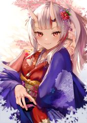 Rule 34 | 1girl, :3, alcohol, alternate costume, blue kimono, blunt bangs, blurry, blurry background, blurry foreground, breasts, commentary request, cup, depth of field, eredhen, flower, hair flower, hair ornament, hand up, highres, holding, hololive, horns, japanese clothes, kimono, long hair, looking at viewer, multicolored hair, nakiri ayame, nakiri ayame (new year), obi, oni, print kimono, red eyes, red hair, red kimono, sakazuki, sake, sash, shadow, side ponytail, sidelocks, skin-covered horns, smile, solo, streaked hair, tassel, upper body, virtual youtuber, white hair, wide sleeves