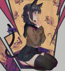 Rule 34 | 1girl, absurdres, animal ears, black hair, black skirt, black thighhighs, bow, braid, braided ponytail, brown sweater, cat ears, cat tail, extra ears, fingernails, from side, garter straps, highres, legs, nail polish, open mouth, original, purple bow, purple eyes, purple nails, sailor, seiza, sitting, skirt, solo, sweater, tail, tail bow, tail ornament, thick thighs, thighhighs, thighs, wowmoto2, zettai ryouiki