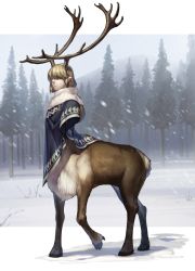 Rule 34 | 1boy, antlers, blonde hair, centauroid, hair over eyes, hooves, horns, male focus, monster boy, mullmull02, original, outdoors, pointy ears, reindeer boy, shawl, snow, snowing, solo, taur, tree, walking