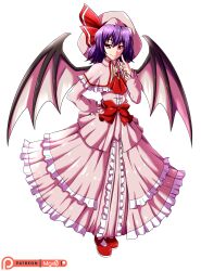 Rule 34 | 1girl, absurdres, alternate costume, artist name, ascot, bat wings, capelet, dress, frilled dress, frills, full body, hand on own hip, hat, highres, long dress, long sleeves, mgx0, patreon logo, pink capelet, pink dress, pink hat, purple hair, red ascot, red eyes, remilia scarlet, smile, solo, touhou, watermark, wings