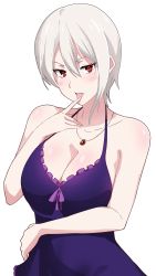 Rule 34 | 1girl, absurdres, asymmetrical hair, bare arms, bare shoulders, breasts, cleavage, dress, hair between eyes, highres, jewelry, large breasts, licking, licking finger, lizta, looking at viewer, nakiri alice, necklace, open mouth, red eyes, shokugeki no souma, short dress, short hair, simple background, solo, teeth, tongue, tongue out, upper body, upper teeth only, white background, white hair