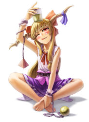 Rule 34 | 1girl, :q, ;q, alcohol, arm up, bad id, bad pixiv id, barefoot, beer, blonde hair, blush, bow, chain, cuffs, cup, feet, female focus, full body, hair bow, hands on feet, holding, horn ornament, horn ribbon, horns, ibuki suika, indian style, kurione (zassou), long hair, one eye closed, open mouth, red eyes, ribbon, simple background, sitting, skirt, smile, solo, toes, tongue, tongue out, touhou, white background, wink, wrist cuffs