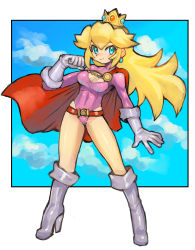 Rule 34 | 1girl, absurdres, belt, blonde hair, blue eyes, blush, boots, breasts, cape, cleavage, cleavage cutout, clothing cutout, cloud, cosplay, crown, dakusuta, dc comics, earrings, elbow gloves, full body, gloves, high heel boots, high heels, highres, jewelry, leotard, long hair, mario (series), nintendo, outside border, power girl, power girl (cosplay), princess peach, sky, smile, solo, superman (series)