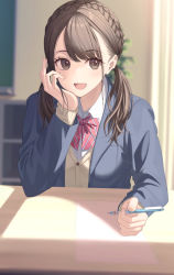 Rule 34 | 1girl, :d, blazer, blue jacket, bow, bowtie, braid, brown eyes, brown hair, cardigan, classroom, collared shirt, crown braid, desk, elbow rest, hair behind ear, head rest, highres, holding, holding pen, indoors, jacket, long hair, looking to the side, low twintails, mottsun (i 40y), on chair, open mouth, original, pen, red bow, red bowtie, school desk, school uniform, shirt, sitting, smile, solo, twintails, white shirt