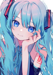 Rule 34 | 1girl, aqua hair, aqua ribbon, arm tattoo, bare shoulders, blue eyes, blush, closed mouth, commentary, detached sleeves, grey shirt, hair between eyes, hatsune miku, head rest, head tilt, highres, hinasumire, long hair, looking at viewer, neck ribbon, ribbon, shirt, signature, simple background, sleeveless, sleeveless shirt, smile, solo, tattoo, twintails, upper body, vocaloid, white background, wide sleeves