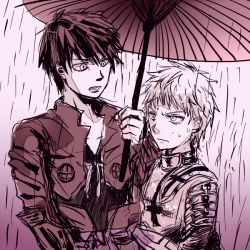 Rule 34 | 10s, 1boy, 1girl, armor, crest, cross, drifters, embarrassed, emblem, gradient background, handle (taken), height difference, holding, holding umbrella, jeanne d&#039;arc (drifters), long sleeves, monochrome, oil-paper umbrella, rain, shimazu toyohisa, symbol, totte, umbrella, upper body, vambraces
