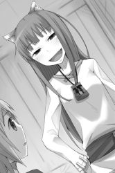 Rule 34 | 1boy, 1girl, :d, animal ears, ayakura juu, dutch angle, fang, greyscale, hand on own hip, head tilt, holo, indoors, long hair, monochrome, novel illustration, official art, open mouth, parted lips, pouch, smile, spice and wolf, standing, tote col, very long hair, wolf ears