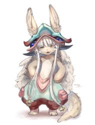 Rule 34 | 1other, :3, animal ears, aqua headwear, brown eyes, brown fur, closed eyes, commentary request, ears through headwear, fake horns, fangs, full body, green pants, grey hair, hands on own hips, helmet, horned helmet, horns, kwon 0019, looking at viewer, made in abyss, multicolored pants, nanachi (made in abyss), open mouth, other focus, pants, puffy pants, red pants, short hair with long locks, sidelocks, simple background, sketch, smile, solo, standing, tail, topless, twitter username, two-tone pants, whiskers, white background