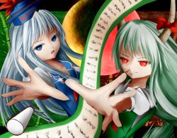 Rule 34 | 1girl, bad id, bad pixiv id, blue eyes, blue hair, chalk, colored eyelashes, crescent moon, dress, dual persona, ex-keine, fingernails, foreshortening, full moon, glint, green hair, hat, hat ribbon, horn ornament, horn ribbon, horns, kamishirasawa keine, long hair, looking at viewer, moon, open hand, open mouth, outstretched hand, reaching, reaching towards viewer, red eyes, red moon, ribbon, scroll, sharp fingernails, smile, split screen, tail, throwing, touhou, yamabuki (yamabuki xxxxx)