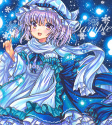 Rule 34 | 1girl, :d, back bow, blue background, blue bow, blue theme, blush, bow, bowtie, buttons, center frills, dress, frilled bow, frilled dress, frilled sleeves, frills, hat, index finger raised, letty whiterock, long sleeves, looking at viewer, marker (medium), mob cap, open mouth, purple hair, rui (sugar3), sample watermark, scarf, short hair, smile, snowflakes, solo, touhou, traditional media, watermark, white dress, white hat, white scarf, wide sleeves