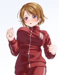 Rule 34 | 1girl, artist name, artist request, blush, breasts, brown hair, clenched hands, female focus, hair between eyes, jacket, koizumi hanayo, large breasts, long sleeves, looking at viewer, love live!, love live! school idol festival, love live! school idol project, pants, parted lips, red jacket, red pants, running, short hair, smile, solo, track jacket, track pants, zipper, zipper pull tab