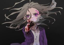 Rule 34 | 1boy, absurdres, ahoge, bleeding, blood, blood on clothes, blood on face, blood on hands, blood splatter, bloody weapon, collared shirt, commentary request, dark background, floating hair, grey hair, gun, highres, holding, holding gun, holding weapon, injury, jacket, long hair, long sleeves, looking at viewer, makoto kagutsuchi, male focus, mask, master detective archives: rain code, open mouth, parted lips, partially unbuttoned, pink blood, purple eyes, purple jacket, shirt, simple background, smoke, solo, spoilers, symbol in eye, upper body, usetsu illust, weapon, white shirt