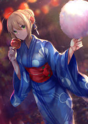 Rule 34 | 1girl, absurdres, ahoge, alternate costume, artoria pendragon (all), artoria pendragon (fate), blue kimono, blurry, blurry background, braid, candy apple, closed mouth, cotton candy, depth of field, fate/stay night, fate (series), feet out of frame, flower, food, green eyes, hair between eyes, hair bun, hair flower, hair ornament, highres, hitomin (ksws7544), holding, holding food, huge filesize, japanese clothes, kimono, lens flare, long sleeves, looking at viewer, obi, outdoors, red flower, saber (fate), sash, single hair bun, smile, solo, standing, wide sleeves, yukata