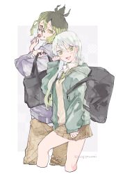 Rule 34 | 1boy, 1girl, bag, blush, brother and sister, brown pants, brown skirt, candy, clenched teeth, collared shirt, colored tips, cropped legs, daki (kimetsu no yaiba), facial mark, fangs, food, from side, green eyes, green jacket, green necktie, grey hair, gyuutarou (kimetsu no yaiba), hair between eyes, hand up, hands up, highres, holding, holding bag, holding candy, holding food, holding lollipop, hood, hood down, hooded jacket, jacket, kimetsu gakuen, kimetsu no yaiba, lollipop, long hair, looking at viewer, looking to the side, miniskirt, multicolored hair, nail polish, necktie, ohagigaumai, pants, pleated skirt, purple jacket, purple nails, school bag, school uniform, sharp teeth, shirt, short hair, shoulder bag, siblings, skirt, sleeves past wrists, smile, standing, streaked hair, sweater, teeth, topknot, twitter username, white background, white hair, white shirt, yellow sweater