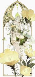 Rule 34 | 1girl, bare shoulders, bloomers, bug, butterfly, character name, chestnut mouth, detached sleeves, dress, english text, flower, flower-shaped pupils, full body, genshin impact, gradient hair, green butterfly, green eyes, green hair, highres, holding, holding flower, insect, looking at viewer, looking to the side, medium hair, multicolored hair, nahida (genshin impact), open mouth, pointy ears, satsuki (miicat), side ponytail, sleeveless, sleeveless dress, symbol-shaped pupils, tachi-e, toeless footwear, two-tone hair, underwear, white dress, white flower, white hair, yellow flower