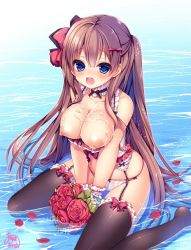 Rule 34 | 1girl, ayuma sayu, black thighhighs, blue eyes, blush, bouquet, breasts, breasts out, brown hair, cum, cum on body, cum on breasts, cum on upper body, flower, garter belt, garter straps, hair ribbon, holding, jun&#039;ai maniac ~pure love maniac~, large breasts, long hair, looking at viewer, md5 mismatch, nipples, open mouth, original, panties, partially submerged, puffy nipples, red flower, red rose, ribbon, rose, signature, sitting, smile, solo, tears, thighhighs, tongue, underwear, very long hair, wariza, water, wet, wrist cuffs