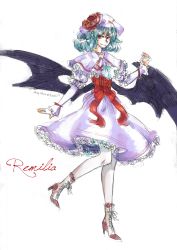 Rule 34 | 1girl, aqua hair, bat wings, boots, character name, colored pencil (medium), corset, dress, faux traditional media, female focus, flat chest, hat, high heels, highres, kyuubiness, pantyhose, red eyes, remilia scarlet, ribbon, shoes, solo, touhou, traditional media, wings