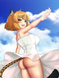 Rule 34 | 10s, 1girl, animal ears, ass, bad id, bad nicoseiga id, blonde hair, blush, breasts, cloud, day, dress, iwahana, jaguar (kemono friends), jaguar ears, jaguar tail, kemono friends, large breasts, looking at viewer, no panties, open mouth, outdoors, outstretched arms, short hair, sky, solo, spread arms, sundress, tail
