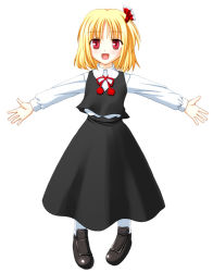 Rule 34 | 1girl, blonde hair, embodiment of scarlet devil, female focus, full body, outstretched arms, red eyes, ribbon, rumia, short hair, simple background, skirt, solo, spread arms, touhou, white background