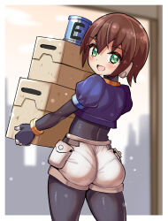 Rule 34 | 1girl, aile (mega man zx), ass, black bodysuit, blurry, blurry background, blush, bodysuit, bodysuit under clothes, carrying, cougar (cougar1404), cowboy shot, cropped jacket, from behind, green eyes, mega man (series), mega man zx, open mouth, robot ears, short hair, shorts, smile, solo, tight butt, wedgie, white shorts
