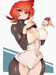 1girl breasts creatures_(company) female_focus fumio_(rsqkr) game_freak highres holding holding_poke_ball large_breasts logo mars_(pokemon) nintendo poke_ball pokemon pokemon_dppt red_eyes red_hair short_hair team_galactic team_galactic_uniform thick_thighs thighs