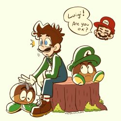 2boys blue_eyes blue_overalls brown_hair closed_eyes english_text facial_hair galoomba gloves green_hat green_shirt hat highres looking_up luigi mario mario_(series) multiple_boys mustache nintendo open_mouth overalls petting red_hat sarah_sketches shirt shoes sitting speech_bubble surprised tree_stump